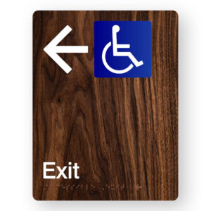 Accessible Exit (Left Arrow) Braille Sign in Portrait Dark Woodgrain
