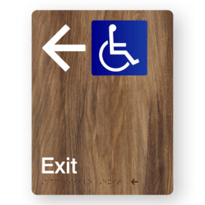 Accessible Exit (Left Arrow) Braille Sign in Mid-Tone Woodgrain Portrait  Acrylic