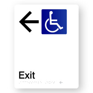 Accessible Exit (Left Arrow) Braille Sign in White Portrait Acrylic