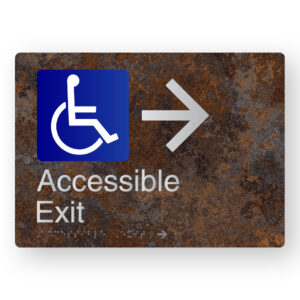 Accessible Exit (Right Arrow) Braille Sign in a Distressed Metal Finish