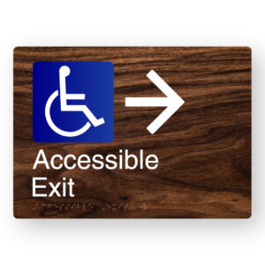 Accessible Exit (Right Arrow) Braille Sign in a Dark Woodgrain
