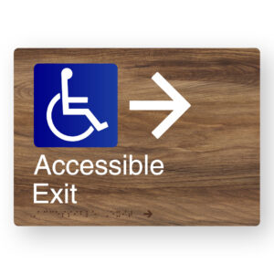 Accessible Exit (Right Arrow) Braille Sign in a Mid-Tone Woodgrain