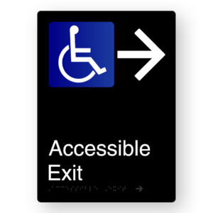 Accessible Exit (Right Arrow) Braille Sign in Portrait Black Aluminium