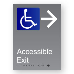 Accessible Exit (Right Arrow) Braille Sign in Portrait Grey Aluminium