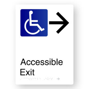 Accessible Exit (Right Arrow) Braille Sign in Portrait White Aluminium