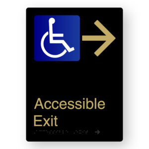 Accessible Exit (Right Arrow) Braille Sign in Portrait Black & Satin Brass Finish