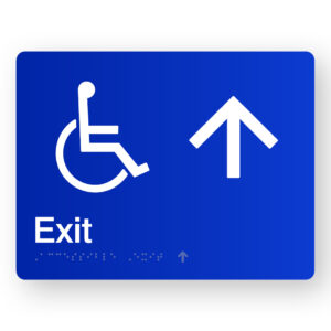 Accessible Exit (Up Arrow) Braille Sign in Blue Acrylic