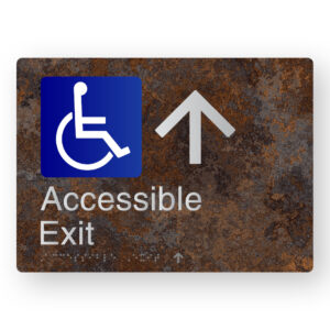 Accessible Exit (Up Arrow) Braille Sign in a Distressed Metal Finish
