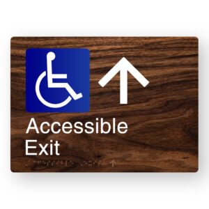 Accessible Exit (Up Arrow) Braille Sign in a Dark Woodgrain