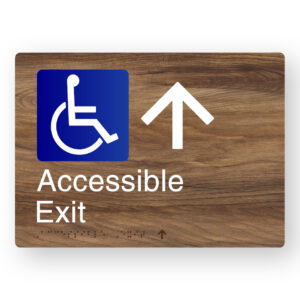 Accessible Exit (Up Arrow) Braille Sign in a Mid-Tone Woodgrain