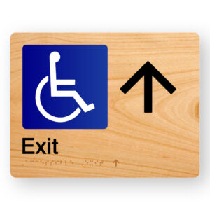 Accessible Exit (Up Arrow) Braille sign in Woodgrain Acrylic