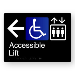 Accessible Lift (Left Arrow) Braille Sign in Black Aluminium