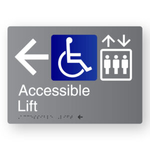 Accessible Lift (Left Arrow) Braille Sign in Grey Aluminium
