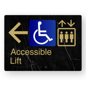 Accessible Lift (Left Arrow) Braille Sign in a Black Marble & Satin Brass Finish