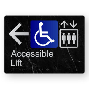 Accessible Lift (Left Arrow) Braille Sign in a Black Marble & Silver Finish