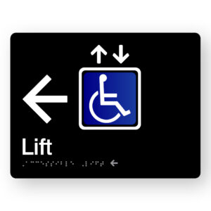 Accessible Lift (Left Arrow) Braille Sign in Black Acrylic
