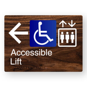 Accessible Lift (Left Arrow) Braille Sign in a Dark Woodgrain