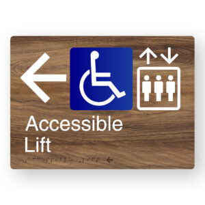 Accessible Lift (Left Arrow) Braille Sign in a Mid-Tone Woodgrain