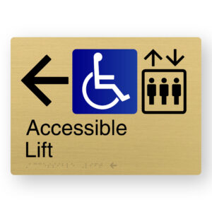 Accessible Lift (Left Arrow) Braille Sign in a Satin Brass Finish