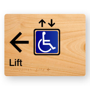 Accessible Lift (Left Arrow) Braille sign in Woodgrain Acrylic