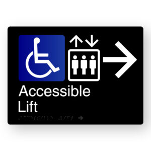 Accessible Lift (Right Arrow) Braille Sign in Black Aluminium