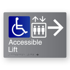 Accessible Lift (Right Arrow) Braille Sign in Grey Aluminium