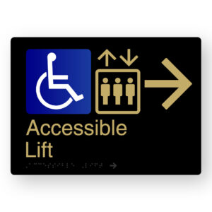 Accessible Lift (Right Arrow) Braille Sign in a Black & Satin Brass Finish