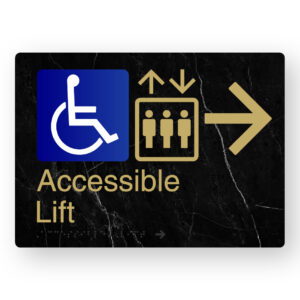 Accessible Lift (Right Arrow) Braille Sign in a Black Marble & Satin Brass Finish