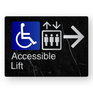 Accessible Lift (Right Arrow) Braille Sign in a Black Marble & Silver Finish