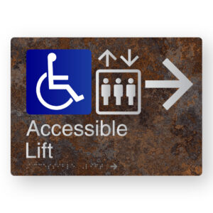 Accessible Lift (Right Arrow) Braille Sign in a Distressed Metal Finish