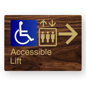 Accessible Lift (Right Arrow) Braille Sign in a Dark Woodgrain & Brass Finish