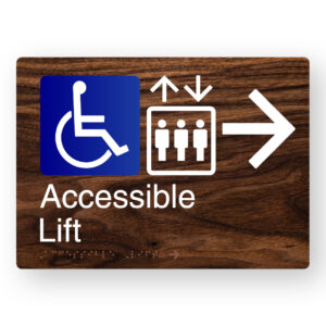 Accessible Lift (Right Arrow) Braille Sign in a Dark Woodgrain