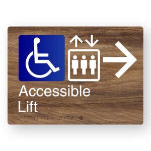 Accessible Lift (Right Arrow) Braille Sign in a Mid-Tone Woodgrain