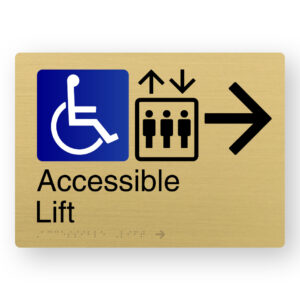Accessible Lift (Right Arrow) Braille Sign in a Satin Brass Finish