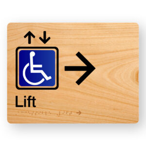 Accessible Lift (Right Arrow) Braille sign in Woodgrain Acrylic