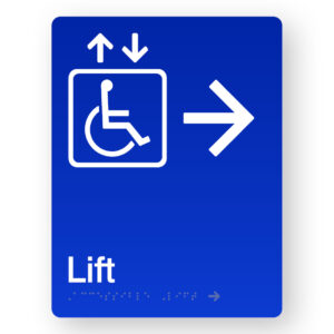 Accessible Lift (Right Arrow) Braille Sign in Portrait Blue Acrylic