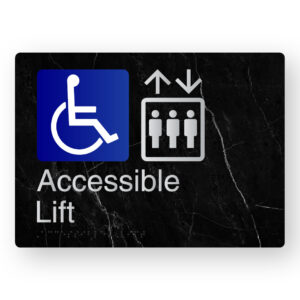 Accessible Lift Braille Sign in a Black Marble & Silver Finish