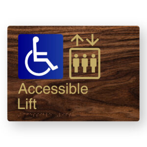 Accessible Lift Braille Sign in a Dark Woodgrain & Brass Finish