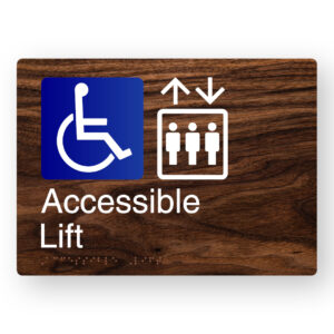 Accessible Lift Braille Sign in a Dark Woodgrain