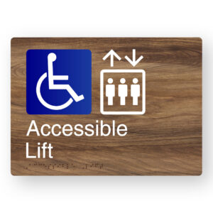 Accessible Lift Braille Sign in a Mid-Tone Woodgrain