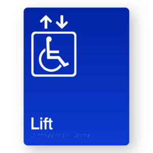 Accessible Lift Braille Sign in Portrait Blue Acrylic