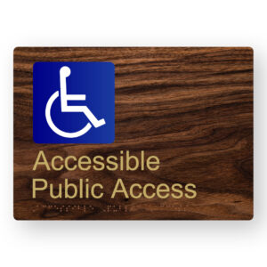 Accessible Public Access Braille Sign in a Dark Woodgrain & Brass Finish