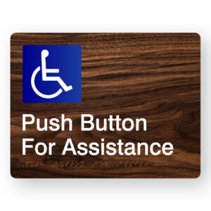 Push Button for Assistance Braille Sign in Dark Woodgrain - Image 1