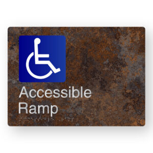 Accessible Ramp Braille Sign in a Distressed Metal Finish