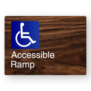 Accessible Ramp Braille Sign in a Dark Woodgrain
