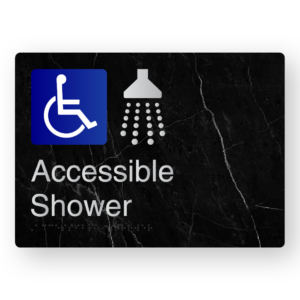 Accessible Shower Braille Sign in a Black Marble & Silver Finish