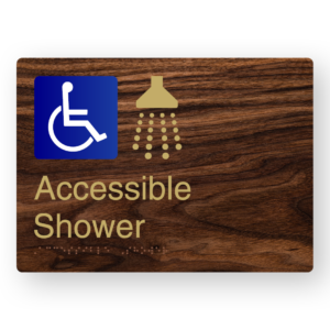 Accessible Shower Braille Sign in a Dark Woodgrain & Brass Finish