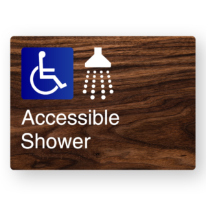 Accessible Shower Braille Sign in a Dark Woodgrain