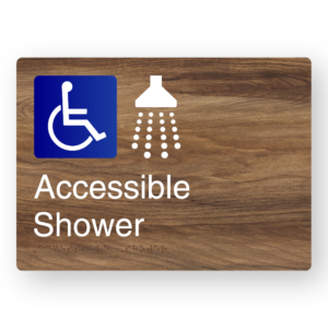 Accessible Shower Braille Sign in a Mid-Tone Woodgrain