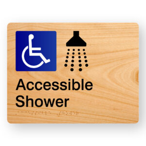 Accessible Shower Braille sign in Woodgrain Acrylic